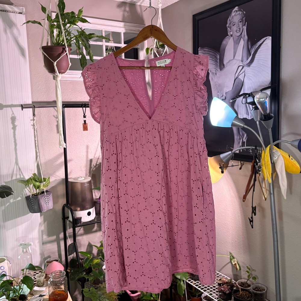 Molly Bracken Pink Eyelet Embroidered Flutter Sleeve V Neck Babydoll Dress  L
